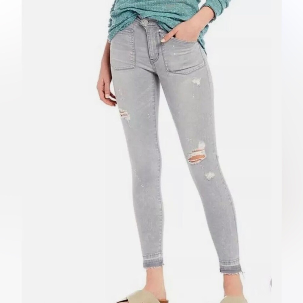 Free People WE THE FREE Grey Distressed Paint Splatter Skinny Jeans sz 25 NEW - Picture 13 of 16